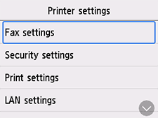 Printer settings screen: Select Fax settings