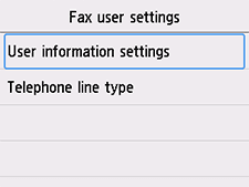 Fax user settings screen: Select User information settings