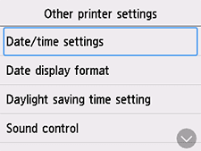 Other printer settings screen: Select Date/time settings