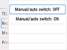 Manual/auto switch setting screen: Select OFF