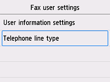 Fax user settings screen: Select Telephone line type