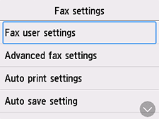 Obrazovka nastavení faxu: vyberte Používateľské nastavenia faxu