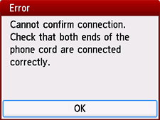 Chybová obrazovka: Pripojenie nemožno potvrdiť. Skontrolujte, či sú oba konce telefónneho kábla pripojené správne.