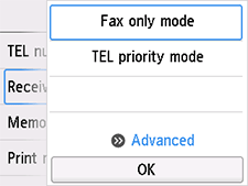 Receive mode settings screen: Select Advanced