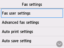 Obrazovka Nastavení faxu: Výběr možnosti Uživatel. nast. faxu