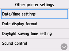 Obrazovka Nastavení tiskárny: výběr možnosti Nastavení data/času