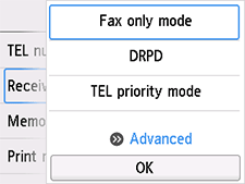 Receive mode settings screen: Select Advanced