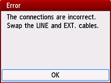 Obrazovka s chybou: Připojení je v nepořádku. Prohoďte kabely LINE a EXT.
