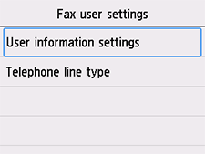 Bildschirm „FAX-Benutzereinstellungen“: Benutzerinformationseinstellungen auswählen