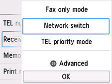 Receive mode settings screen: Select Network switch