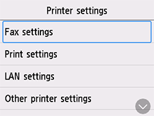 Printer settings screen: Select Fax settings