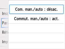 Écran des paramètres Com. man./auto : Sélection de Désactivé