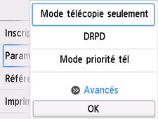 Écran Paramètres mode réception : Sélection de Avancés
