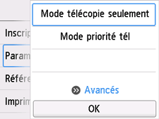 Écran Paramètres mode réception : Sélection de Avancés