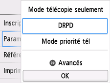 Écran Paramètres mode réception : Sélectionnez DRPD