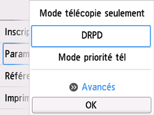 Écran Paramètres mode réception : Sélection de Avancés