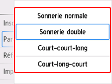 Écran des paramètres de sonnerie