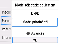 Écran Paramètres mode réception : Sélectionnez OK