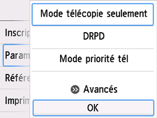 Écran Paramètres mode réception : Sélectionnez OK