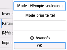 Écran Paramètres mode réception : Sélectionnez OK