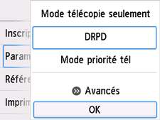 Écran Paramètres mode réception : Sélectionnez OK