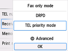 Receive mode settings screen: Select OK