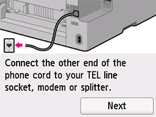 Scherm Handmatige instelling: sluit het andere uiteinde van de telefoonkabel aan op de telefoonaansluiting, het modem of de splitter.