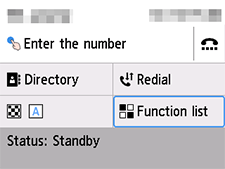 Fax screen: Select Function list