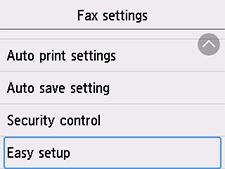 Tela Configurações FAX: Selecione Configuração fácil