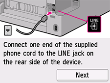 Tela da Configuração fácil: Conecte uma extremidade do cabo de telefone fornecido à tomada LINE na parte traseira do dispositivo.