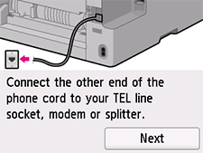 Tela da Configuração fácil: Conecte a outra extremidade do cabo de telefone ao soquete da linha TEL, ao modem ou ao divisor.