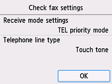 Tela Configurações FAX: Verificar configurações do FAX