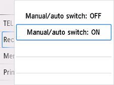 Tela de configuração de Comutador Manual/Autom.: Selecione ATIVADO