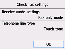 Tela Configurações FAX: Verificar configurações do FAX