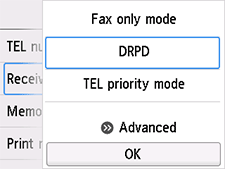 Receive mode settings screen: Select DRPD