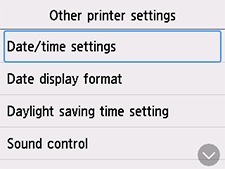 Other printer settings screen: Select Date/time settings