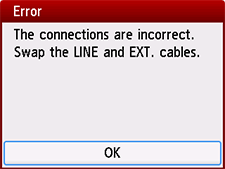 Hata ekranı: Bağlantılar yanlış. LINE ve EXT. kablolarını birbiriyle değiştirin.