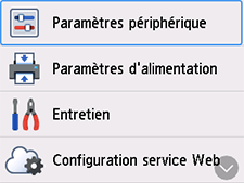 Écran Paramètres&nbsp;: Sélection de Paramètres imprimante