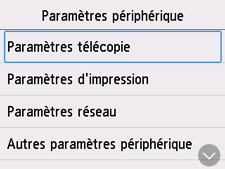 Écran Paramètres imprimante&nbsp;: Sélection de Paramètres télécopie