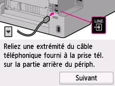 Écran Configuration facile : Reliez une extrémité du câble téléphonique fourni à la prise tél. sur la partie arrière du périph..