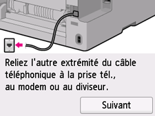 Écran Configuration facile : Reliez l'autre extrémité du câble téléphonique à la prise tél., au modem ou au diviseur..