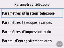 Écran Paramètres télécopie&nbsp;: Sélection de Paramètres utilisateur télécopie