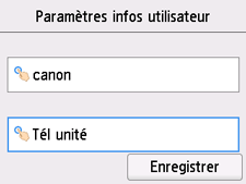 Écran Paramètres infos utilisateur