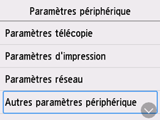 Écran Paramètres d'impression&nbsp;: Sélection de Autres paramètres périphérique