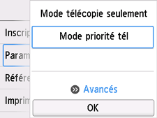 Écran Paramètres mode réception&nbsp;: Sélection de Avancés