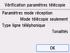 Écran Configuration facile : Vérification paramètres de la télécopie