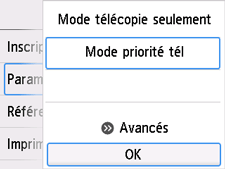 Écran Paramètres mode réception&nbsp;: Sélectionnez OK