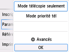 Écran Paramètres mode réception&nbsp;: Sélectionnez OK