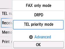Receive mode settings screen: Select Advanced