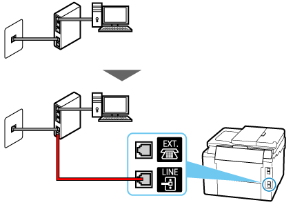 obrázek: Příklad zapojení telefonního kabelu (linka xDSL: modem se zabudovaným rozbočovačem)